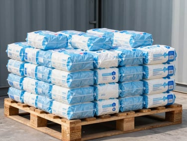 High-detail commercial shot of bulk packaged sanitary hygiene products on a wooden pallet inside a shipping container, daylight.
