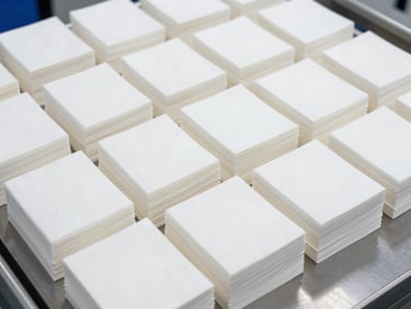 Overhead view of perfectly aligned stacks of white folded paper napkins on a quality control testing table, crisp white industrial lighting.