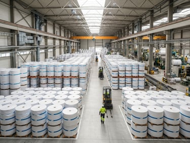 Wide-angle industrial paper manufacturing mill, massive paper rolls stacked in neat rows, bright neutral daylight, sharp focus, high-detail commercial trade.