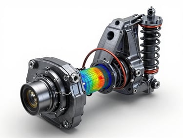A complex CAD assembly of an automotive suspension system, showing intricate wireframe overlays and finite element analysis stress meshes, clinical white background, technical lighting