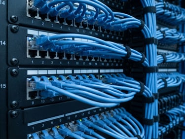 Macro shot of high-density server rack ports with clean blue Ethernet cable management, cool-toned studio lighting, sharp focus, 50mm lens