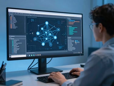 An IT engineer in Jakarta analyzing complex network topology diagrams on a large monitor, cool blue studio lighting.