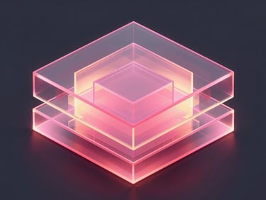 Abstract 3D render of glowing glassmorphic architectural layers, neon pink highlights, deep graphite shadows, isometric view, octane render