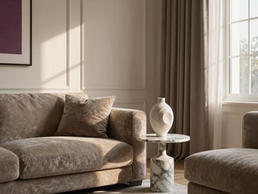 A finished elegant living room corner with a plush taupe sofa, a curated marble side table, and a sculptural vase catching the late afternoon sun