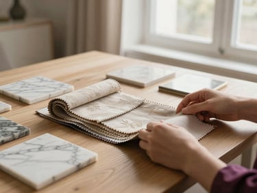 Close-up of hands selecting rich textile swatches and marble samples on a light oak table, soft side window light, warm neutral tones
