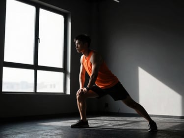 Athlete stretching in a minimalist gym illuminated by harsh window light, high contrast