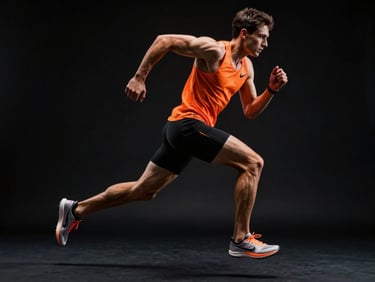High-contrast athletic photography of a runner sprinting, dramatic studio lighting, safety-orange highlights
