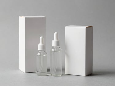 Elegant cosmetic glass bottles and sustainable plastic packaging arranged architecturally, soft shadows