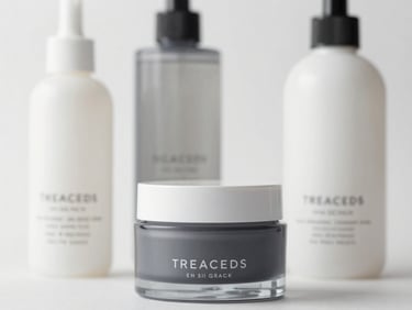 Close-up of premium cosmetic cream jars and professional hair care bottles, soft studio lighting, clean white background