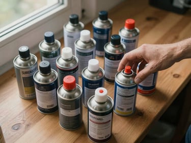 Overhead view of pesticide bottles and spray canisters arranged on a wooden counter, soft daylight from a side window, labels clearly facing upward, a hand resting on one bottle