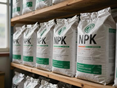 Row of fertilizer bags stacked on wooden shelves inside an agricultural shop, soft window light, NPK labels facing forward, dust motes in the air