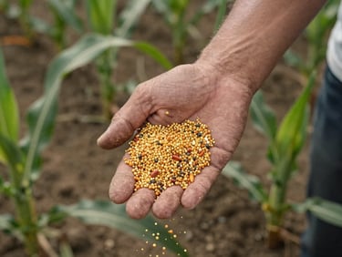 Overhead view of a farmer's hand holding a handful of granular corn fertilizer over a young maize field, soft daylight, soil and green shoots visible below