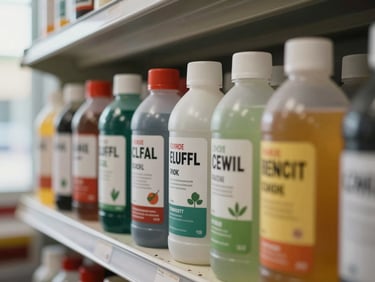 Close-up of pesticide and fungicide bottles arranged on a shop shelf, labels clearly showing crop-specific usage, early morning daylight from a side window, no artificial lighting