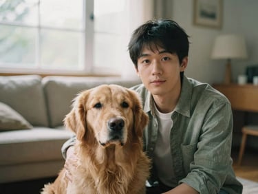 Portrait of a kind man, Marcus Chen, with a golden retriever in a cozy living room, soft natural window light, muted earth tones, shallow depth of field, 35mm film style.