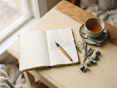 Stylized flat lay of a notebook, fountain pen, and a cup of tea on a warm cream desk, soft natural window light, muted sage accents, shallow depth of field, 35mm film style.