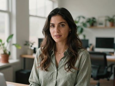 Portrait of an engaging woman, Sophia Reyes, in a modern workspace with plants, soft natural window light, muted earth tones, shallow depth of field, 35mm film style.