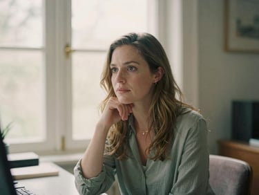 Portrait of a thoughtful woman, Eleanor Vance, in a light-filled home office, soft natural window light, muted earth tones, shallow depth of field, 35mm film style.