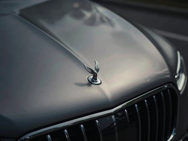 Tight macro shot of the sleek metallic hood and emblem of a black luxury sedan under soft overcast light, highlighting form and texture.
