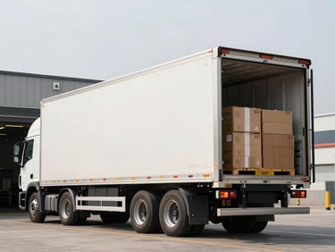 Wide environmental shot of a large moving truck parked at a loading dock, rear doors open revealing organized cargo inside, even overcast daylight, no people visible, strong sense of capacity and readiness