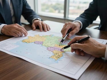 Hands over a large printed strategy document spread on a conference table, a pen pointing to a regional map of Brazil, north-facing daylight from a tall window, precise and considered composition