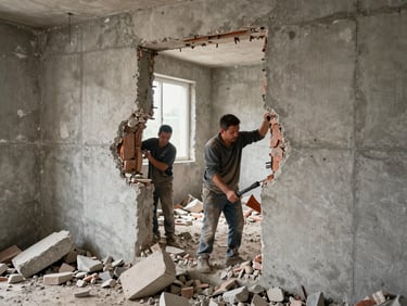 Close-up of workers breaking through a concrete interior wall during demolition phase, rubble on the floor, exposed rebar visible, natural light from a window opening, no styling or finished surfaces