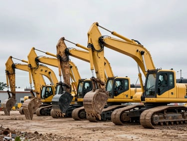 Row of heavy construction machinery — excavator and telehandler — staged in a yard under flat overcast light, equipment detail shot showing hydraulic arms and tracks, industrial framing