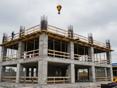 Wide shot of a reinforced concrete structure under construction, workers on formwork platforms, crane hook visible overhead, grey overcast daylight, no finished surfaces