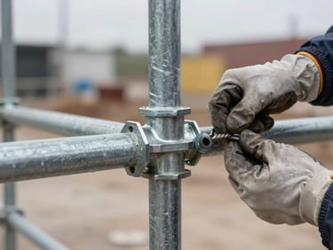 Tight crop on a scaffolding connection node being hand-tightened by a worker in gloves, galvanized steel tubes and couplers in sharp focus, blurred jobsite background, overcast daylight