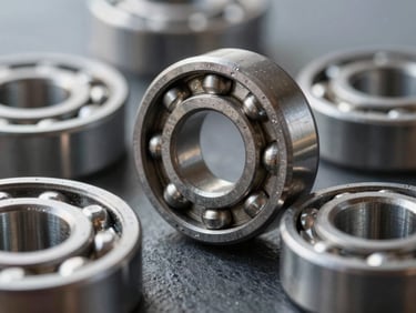 Sharp close-up macro shot of industrial steel bearings and metallic bolts, cool directional daylight, high-contrast reflections, sharp focus