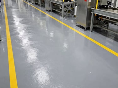 High-contrast shot of a clean, glossy gray epoxy floor in a production plant, bright yellow safety lane markings, sharp metallic reflections from machinery