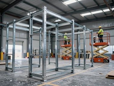 Wide shot of an industrial warehouse renovation, steel racking systems being installed, workers in safety gear operating scissor lifts, clean environment