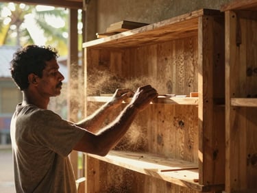 Documentary photo of a local craftsman assembling a wooden bookshelf in a sun-drenched Negombo workshop, sawdust in the golden air, warm natural tones.