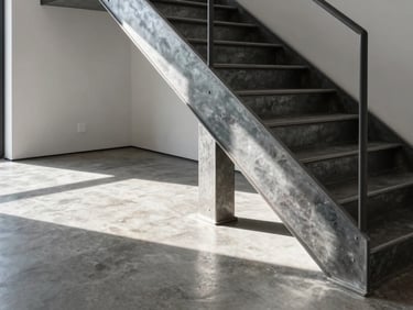 Close-up of a luxurious custom residential interior, focusing on the junction of polished concrete floor and a custom steel staircase, sharp morning light, high-contrast, wide-angle lens, 35mm.