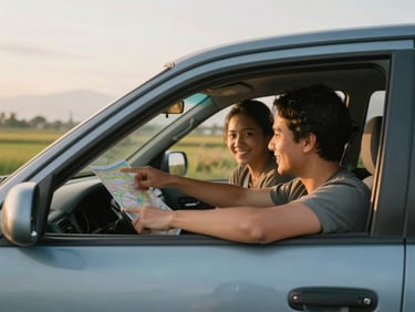 A guest pointing to a map with a driver, both smiling, inside a clean car, soft golden-hour daylight, muted blue and sandy tones.