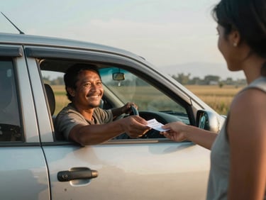 A smiling Balinese driver handing a receipt to a guest in a clean car, soft golden-hour daylight, muted blue and sandy tones.