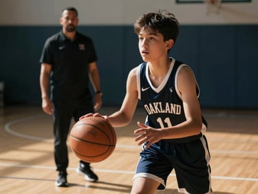 A high-contrast natural light photo of a youth basketball court in Oakland, with a young athlete focused on a basketball in the foreground and a mentor in the background.
