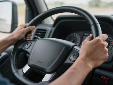 Macro close-up of a professional truck driver's hands gripping a modern steering wheel, crisp daylight illuminating the dashboard, high-contrast industrial feel.