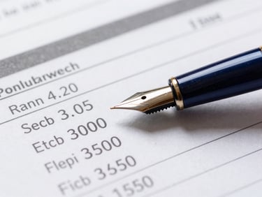 Macro detail of financial ledger documents with clean typography and fountain pen, high-contrast shadows