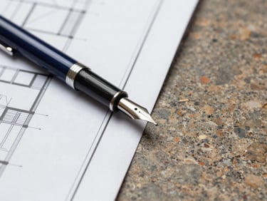 Macro photograph of architectural blueprints and a classic fountain pen resting on a travertine stone desk, natural overcast daylight, high contrast