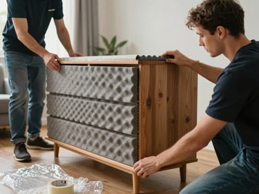 Medium shot of trained crew wrapping the corner of a wooden cabinet with corrugated foam sheet, overcast daylight in a living room, bubble wrap and tape visible on the floor