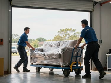 Two crew members using a hand truck to carefully manoeuvre a wrapped sofa through a loading bay entrance, natural daylight from open bay doors, focused medium shot