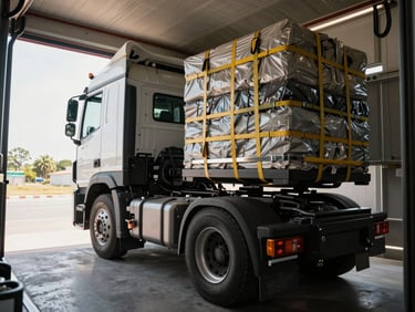 Wide interior shot of a modern transport truck cab, organized cargo strapped and stacked in the hold behind the cab, natural light through the windscreen, clean floor visible