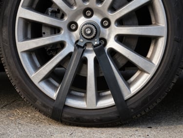 Close-up of a car wheel secured with a heavy-duty strap inside an enclosed carrier, natural side-lighting, concrete floor visible below, detail shot of the ratchet mechanism
