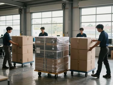 Wide shot inside an office loading bay, crew members stacking sealed workstation boxes onto a trolley, labeled monitor boxes visible, natural daylight through warehouse shutters, methodical mid-move activity