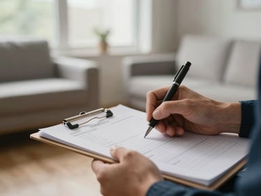 Close-up of a crew member's hands measuring and noting details on a clipboard inside a home, natural window light, furniture visible in soft focus behind