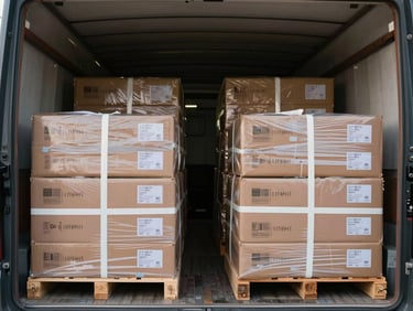 Interior of a truck cargo bay, overhead angle, sealed labeled cartons arranged in tight organised rows with strapping visible, natural light from rear doors, no people