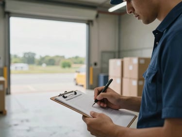 Close-up wide shot of a crew member in a loading bay measuring and noting items on a clipboard, natural overcast daylight flooding in from a wide bay door, stacked boxes visible in the background, calm organized environment
