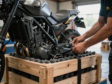Close-up of a motorcycle being packed into a custom wooden crate, foam lining visible around the frame, crew member's hands tightening a strap, warehouse with natural daylight from side windows