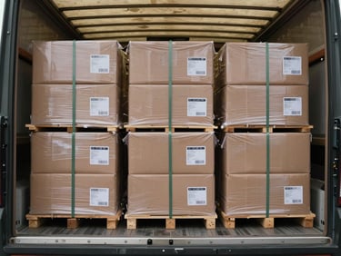 Wide medium shot inside a truck cargo bay showing sealed and labelled cartons stacked in organized rows, straps securing the load, overcast natural daylight through the open rear, no people visible — only the method