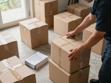 Overhead medium shot of a crew member placing a sealed carton in a freshly cleared room, other boxes arranged in neat rows on the floor, natural daylight from an open window, unpacking materials folded beside the stack